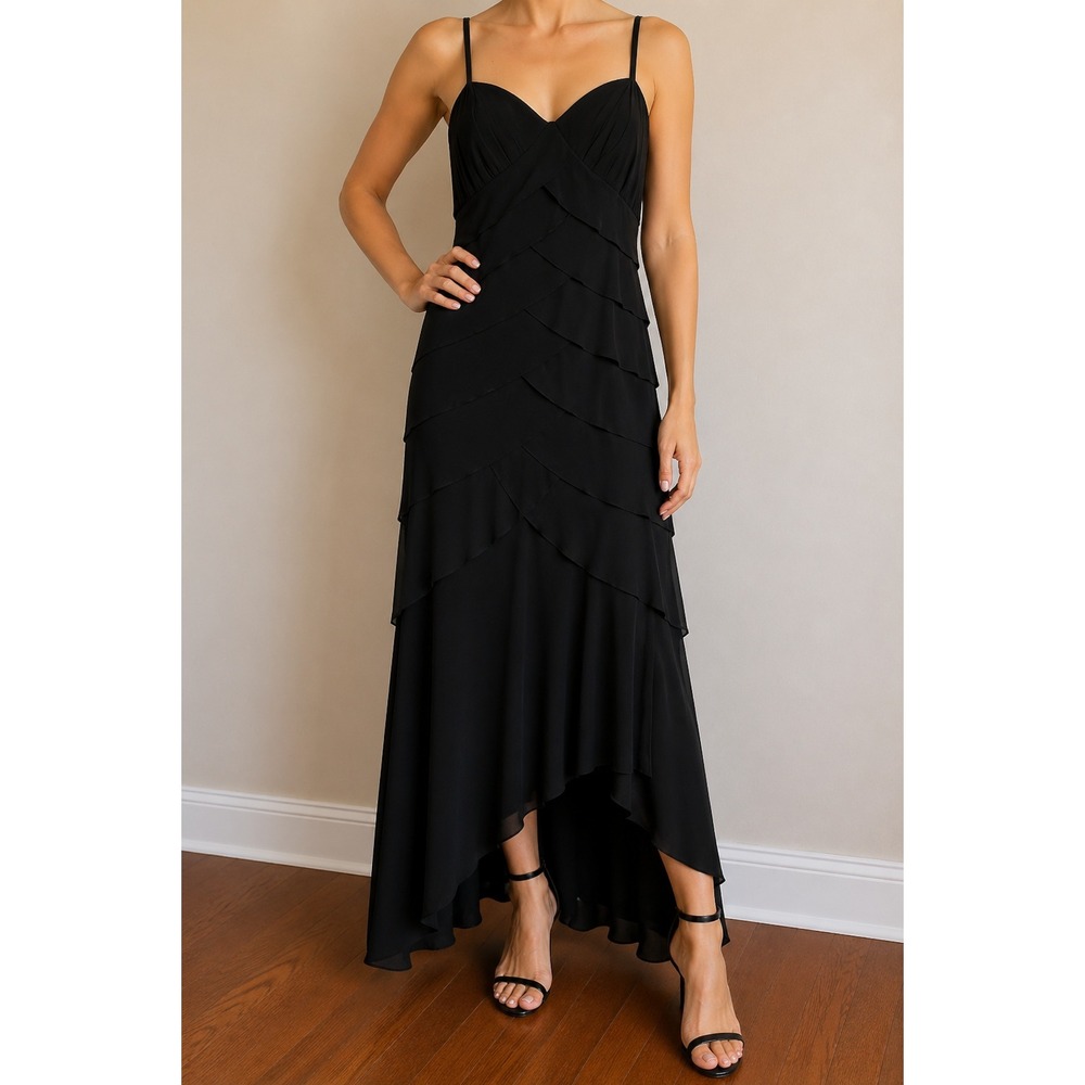 Alex Evenings Black Tiered Ruffle Maxi Dress 8 Asymmetric Hem‎ Stretch Cocktail
